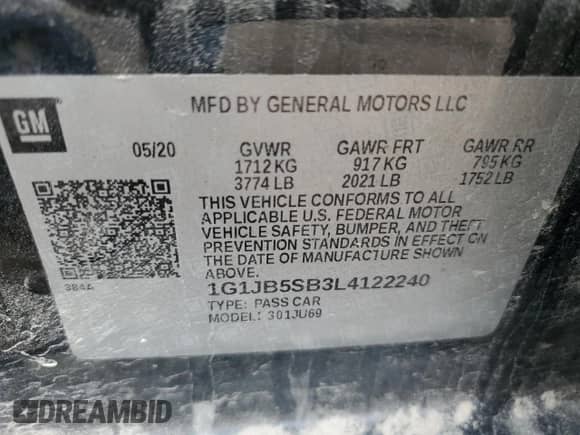 2020 Chevrolet Sonic LS с VIN 1G1JB5SB3L4122240, выставлен на аукционе Copart как лот 58172845 с пробегом 102 858 миль миль и На запчасти • Non repairable. История ставок и продаж доступна на DreamBid. Изображение 12.