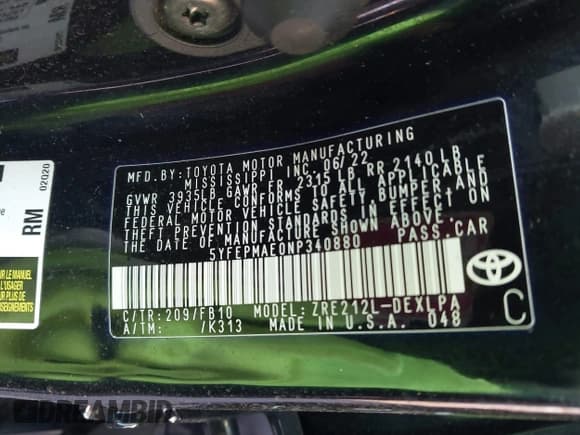 ✅ 2022 Toyota Corolla LE • VIN: 5YFEPMAE0NP340880 • Лот: 43512636. Опубликован ранее на IAAI с пробегом 108 046 миль. Бесплатный доступ к архиву аукционных продаж из США и подробный отчёт об истории автомобиля на DreamBid. Изображение 9.