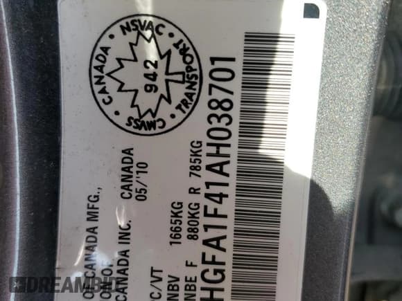 ✅ 2010 Honda Civic DX-G • VIN: 2HGFA1F41AH038701 • Lot: 67812135. Listed on Copart with 121,180 mi. Free auction sales archive from the USA and detailed vehicle history report at DreamBid. Image 12.