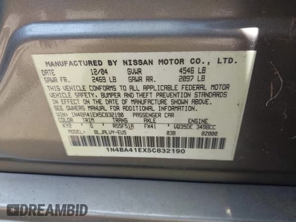 ✅ 2005 Nissan Maxima SE • VIN: 1N4BA41EX5C832190 • Lot: 42552195. Listed on IAAI with 100,652 mi. Free auction sales archive from the USA and detailed vehicle history report at DreamBid. Image 9.