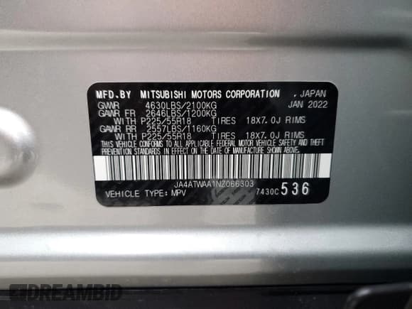 ✅ 2022 Mitsubishi Eclipse Cross SE • VIN: JA4ATWAA1NZ066303 • Lot: 46304885. Listed on Copart with 57,017 mi. Free auction sales archive from the USA and detailed vehicle history report at DreamBid. Image 13.