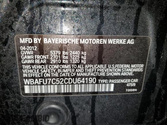 ✅ 2012 BMW 5 Series 535i xDrive • VIN: WBAFU7C52CDU64190 • Lot: 93442615. Listed on Copart with 157,143 mi. Free auction sales archive from the USA and detailed vehicle history report at DreamBid. Image 12.