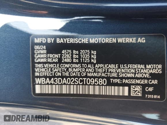 ✅ 2025 BMW 4 Series 430i • VIN: WBA43DA02SCT09580 • Lot: 61768505. Listed on Copart with 3,051 mi. Free auction sales archive from the USA and detailed vehicle history report at DreamBid. Image 12.