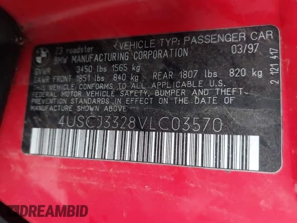 ✅ 1997 BMW 3 Series Z3 2.8 • VIN: 4USCJ3328VLC03570 • Lot: 42195778. Listed on IAAI with 94,002 mi. Free auction sales archive from the USA and detailed vehicle history report at DreamBid. Image 9.