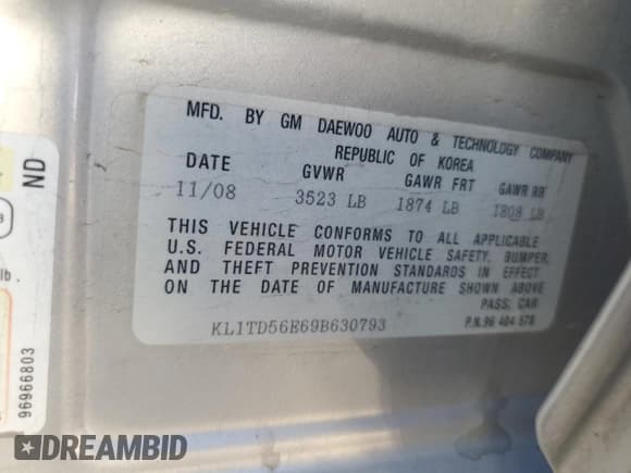 ✅ 2009 Chevrolet Aveo 1LT • VIN: KL1TD56E69B630793 • Lot: 83089144. Wystawiony na Copart z przebiegiem 98 503 mil. Bezpłatny archiwum sprzedaży aukcyjnych z USA i szczegółowy raport historii pojazdu na DreamBid. Zdjęcie 12.