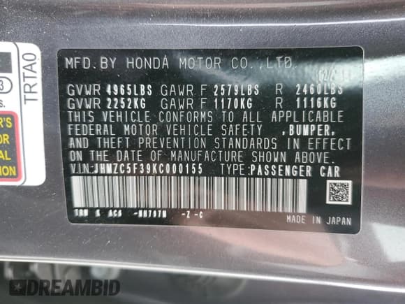 ✅ 2019 Honda Clarity Touring • VIN: JHMZC5F39KC000155 • Lot: 68500392. Listed on Copart with 47,483 mi. Free auction sales archive from the USA and detailed vehicle history report at DreamBid. Image 12.