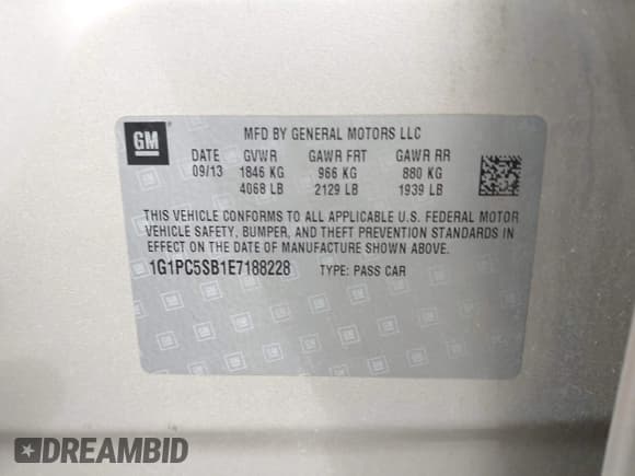 ✅ 2014 Chevrolet Cruze 1LT • VIN: 1G1PC5SB1E7188228 • Lot: 43309892. Listed on IAAI with 51,756 mi. Free auction sales archive from the USA and detailed vehicle history report at DreamBid. Image 9.