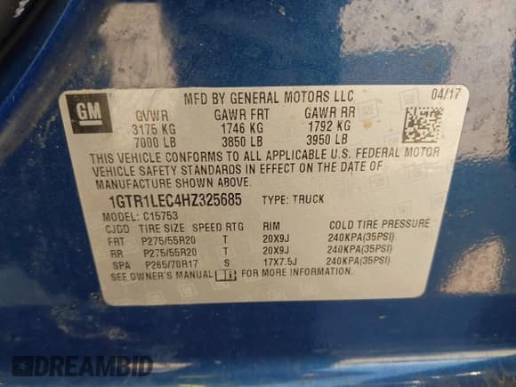 ✅ 2017 GMC Sierra 1500 • VIN: 1GTR1LEC4HZ325685 • Lot: 43215626. Listed on IAAI with 154,500 mi. Free auction sales archive from the USA and detailed vehicle history report at DreamBid. Image 9.