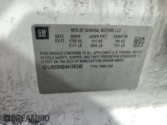 ✅ 2017 Chevrolet Sonic LS • VIN: 1G1JB5SH2H4156245 • Lot: 85374355. Listed on Copart with 193,014 mi. Free auction sales archive from the USA and detailed vehicle history report at DreamBid. Image 12.