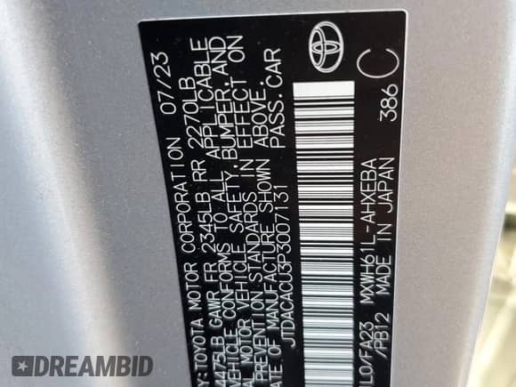 2023 Toyota Prius XSE Premium с VIN JTDACACU3P3007131, выставлен на аукционе Copart как лот 80720165 с пробегом Не указан миль и Списание • Salvage title. История ставок и продаж доступна на DreamBid. Изображение 12.