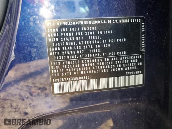 ✅ 2021 Volkswagen Tiguan S • VIN: 3VV0B7AX3MM008337 • Лот: 81031915. Опубликован ранее на Copart с пробегом 60 377 миль. Бесплатный доступ к архиву аукционных продаж из США и подробный отчёт об истории автомобиля на DreamBid. Изображение 13.
