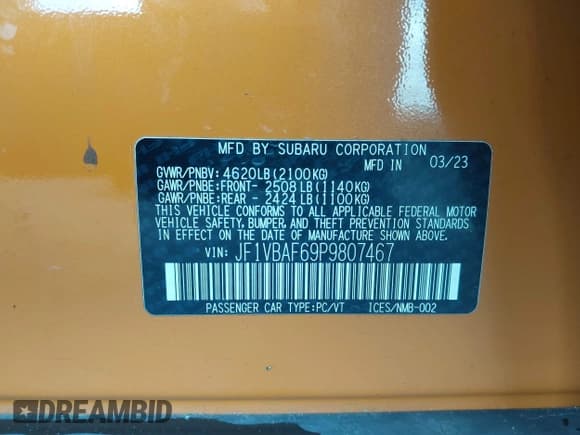 ✅ 2023 Subaru WRX Premium • VIN: JF1VBAF69P9807467 • Lot: 43533117. Listed on IAAI with 52,631 mi. Free auction sales archive from the USA and detailed vehicle history report at DreamBid. Image 9.