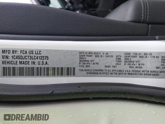 ✅ 2020 Dodge Durango R/T • VIN: 1C4SDJCT3LC412375 • Lot: 40950057. Listed on IAAI with 46,437 mi. Free auction sales archive from the USA and detailed vehicle history report at DreamBid. Image 9.