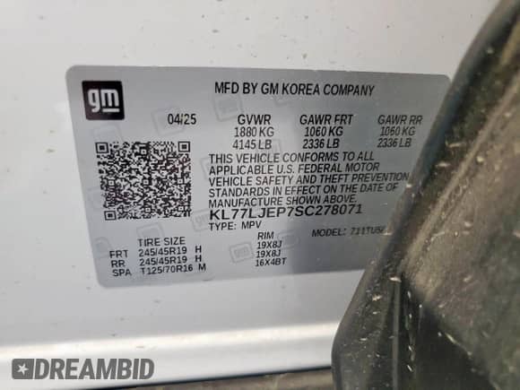 2025 Chevrolet Trax 2RS z VIN KL77LJEP7SC278071, wystawiony jako Copart lot #86181155 z przebiegiem 1 418 mil mil oraz Czysty tytuł • Clean title. Historia ofert i sprzedaży dostępna na DreamBid. Obrazek 13.