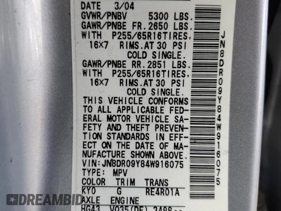✅ 2004 Nissan Pathfinder SE • VIN: JN8DR09Y84W916075 • Lot: 93126095. Listed on Copart with 156,943 mi. Free auction sales archive from the USA and detailed vehicle history report at DreamBid. Image 12.