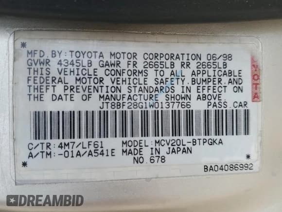 ✅ 1998 Lexus ES 300 • VIN: JT8BF28G1W0137766 • Lot: 44849085. Listed on Copart with 216,101 mi. Free auction sales archive from the USA and detailed vehicle history report at DreamBid. Image 12.