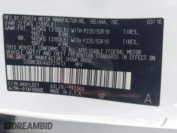 ✅ 2016 Toyota Sienna SE Premium • VIN: 5TDXK3DC4GS721413 • Lot: 43251337. Listed on IAAI with 159,588 mi. Free auction sales archive from the USA and detailed vehicle history report at DreamBid. Image 9.