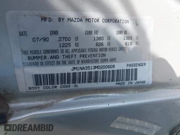 ✅ 1991 Mazda MX-5 Miata Special Edition • VIN: JM1NA3513M0200608 • Lot: 42692132. Wystawiony na IAAI z przebiegiem 284 167 mil. Bezpłatny archiwum sprzedaży aukcyjnych z USA i szczegółowy raport historii pojazdu na DreamBid. Zdjęcie 9.