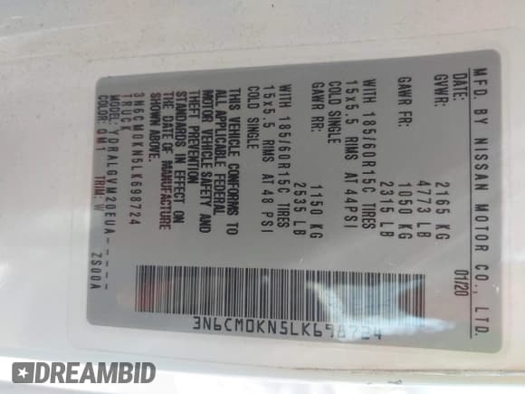 ✅ 2020 Nissan NV200 S • VIN: 3N6CM0KN5LK698724 • Lot: 41976601. Wystawiony na IAAI z przebiegiem 107 957 mil. Bezpłatny archiwum sprzedaży aukcyjnych z USA i szczegółowy raport historii pojazdu na DreamBid. Zdjęcie 9.