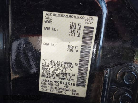 2013 Nissan Maxima SV с VIN 1N4AA5AP9DC813616, выставлен на аукционе IAAI как лот 42708005 с пробегом 88 510 миль миль и . История ставок и продаж доступна на DreamBid. Изображение 9.