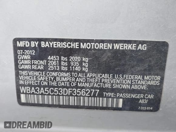 ✅ 2013 BMW 3 Series 328i • VIN: WBA3A5C53DF356277 • Лот: 43103547. Опубликован ранее на IAAI с пробегом 128 999 миль. Бесплатный доступ к архиву аукционных продаж из США и подробный отчёт об истории автомобиля на DreamBid. Изображение 9.