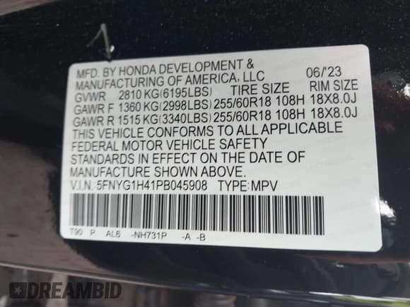 ✅ 2023 Honda Pilot EX-L • VIN: 5FNYG1H41PB045908 • Lot: 43286559. Listed on IAAI with 32,146 mi. Free auction sales archive from the USA and detailed vehicle history report at DreamBid. Image 9.