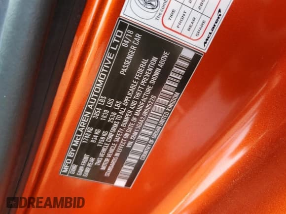 ✅ 2018 McLaren 570GT • VIN: SBM13GAA2JW005220 • Lot: 70846365. Listed on Copart with 23,710 mi. Free auction sales archive from the USA and detailed vehicle history report at DreamBid. Image 12.