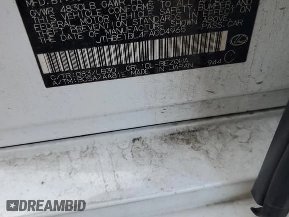 ✅ 2015 Lexus GS 350 • VIN: JTHBE1BL4FA004965 • Lot: 87121545. Listed on Copart with 176,518 mi. Free auction sales archive from the USA and detailed vehicle history report at DreamBid. Image 12.