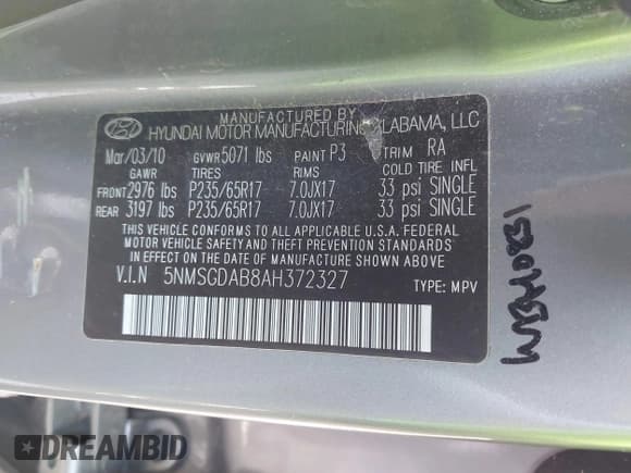 ✅ 2010 Hyundai Santa Fe GLS • VIN: 5NMSGDAB8AH372327 • Lot: 43668861. Listed on IAAI with 88,475 mi. Free auction sales archive from the USA and detailed vehicle history report at DreamBid. Image 9.