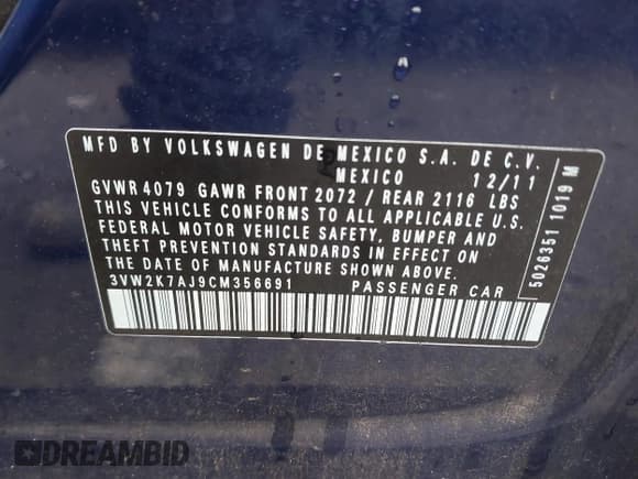 ✅ 2012 Volkswagen Jetta • VIN: 3VW2K7AJ9CM356691 • Lot: 43878278. Listed on IAAI with 140,057 mi. Free auction sales archive from the USA and detailed vehicle history report at DreamBid. Image 9.