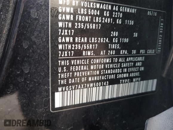 ✅ 2017 Volkswagen Tiguan Wolfsburg Edition • VIN: WVGSV7AX7HW500143 • Лот: 93268975. Опубликован ранее на Copart с пробегом 68 525 миль. Бесплатный доступ к архиву аукционных продаж из США и подробный отчёт об истории автомобиля на DreamBid. Изображение 13.