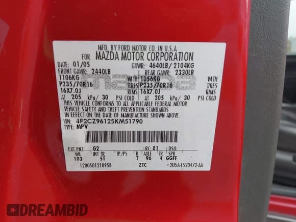 ✅ 2005 Mazda Tribute S • VIN: 4F2CZ96125KM51790 • Lot: 43764842. Listed on IAAI with 181,126 mi. Free auction sales archive from the USA and detailed vehicle history report at DreamBid. Image 9.