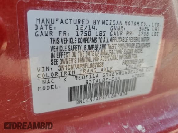 ✅ 2015 Nissan Versa S Plus • VIN: 3N1CN7AP5FL887838 • Лот: 83793795. Опубликован ранее на Copart с пробегом 55 405 миль. Бесплатный доступ к архиву аукционных продаж из США и подробный отчёт об истории автомобиля на DreamBid. Изображение 12.