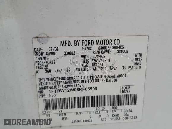 ✅ 2008 Ford F-150 XL • VIN: 1FTRW12W08KF05596 • Lot: 87094245. Listed on Copart with Not provided. Free auction sales archive from the USA and detailed vehicle history report at DreamBid. Image 13.