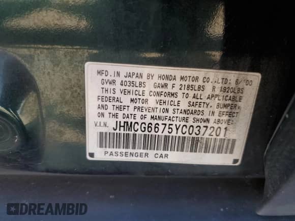 2000 Honda Accord EX with VIN JHMCG6675YC037201, listed as a Copart auction lot 59120345 with 202,552 mi miles and Salvage title. Bid and sale history available at DreamBid. Image 12.