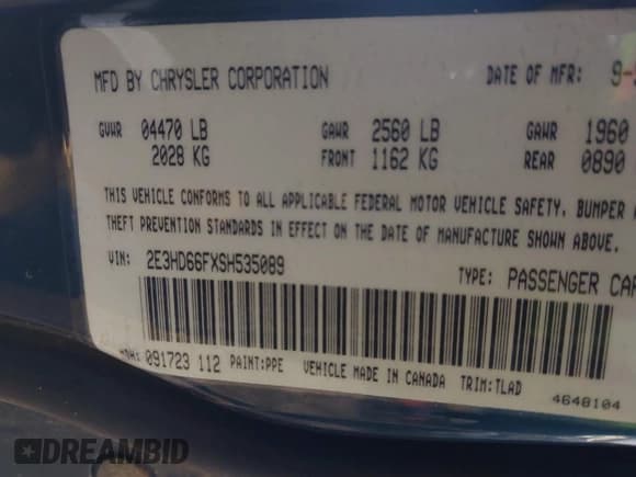 ✅ 1995 Eagle Vision • VIN: 2E3HD66FXSH535089 • Lot: 41620914. Wystawiony na IAAI z przebiegiem 162 078 mil. Bezpłatny archiwum sprzedaży aukcyjnych z USA i szczegółowy raport historii pojazdu na DreamBid. Zdjęcie 9.