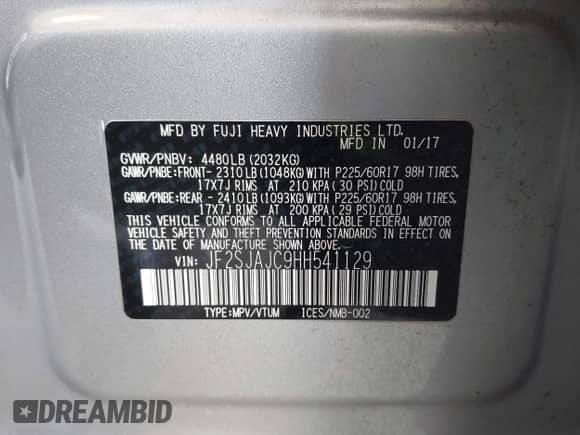 2017 Subaru Forester Limited with VIN JF2SJAJC9HH541129, listed as a IAAI auction lot 43401928 with 91,345 mi miles and . Bid and sale history available at DreamBid. Image 9.