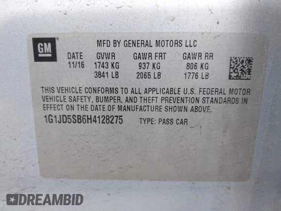 2017 Chevrolet Sonic LT with VIN 1G1JD5SB6H4128275, listed as a IAAI auction lot 42189494 with 79,403 mi miles and . Bid and sale history available at DreamBid. Image 9.