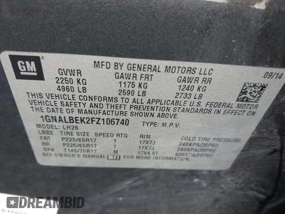 ✅ 2015 Chevrolet Equinox LT • VIN: 1GNALBEK2FZ106740 • Лот: 43565340. Опубликован ранее на IAAI с пробегом 148 510 миль. Бесплатный доступ к архиву аукционных продаж из США и подробный отчёт об истории автомобиля на DreamBid. Изображение 9.