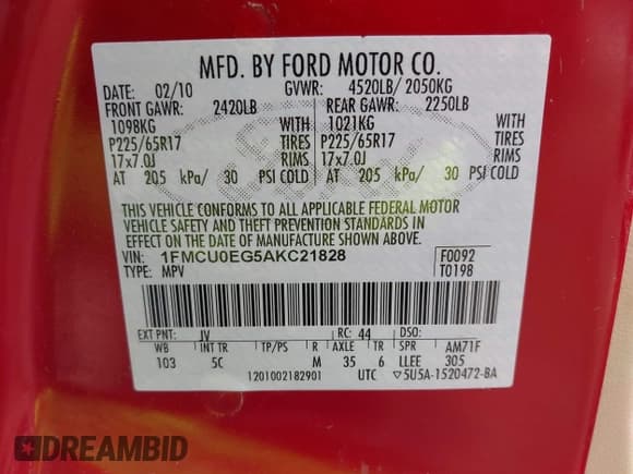 ✅ 2010 Ford Escape Limited • VIN: 1FMCU0EG5AKC21828 • Lot: 42343582. Listed on IAAI with 135,534 mi. Free auction sales archive from the USA and detailed vehicle history report at DreamBid. Image 9.