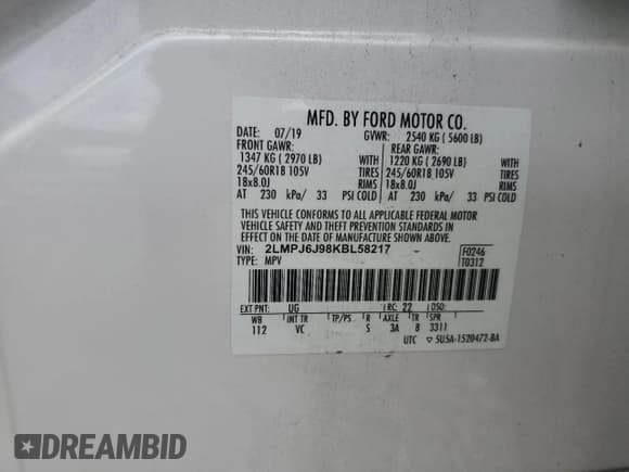 ✅ 2019 Lincoln Nautilus Standard • VIN: 2LMPJ6J98KBL58217 • Lot: 62369165. Listed on Copart with 84,704 mi. Free auction sales archive from the USA and detailed vehicle history report at DreamBid. Image 12.