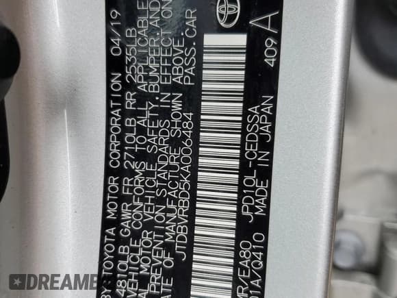 ✅ 2019 Toyota Mirai • VIN: JTDBVRBD5KA006484 • Lot: 38731574. Listed on Copart with 91,308 mi. Free auction sales archive from the USA and detailed vehicle history report at DreamBid. Image 12.