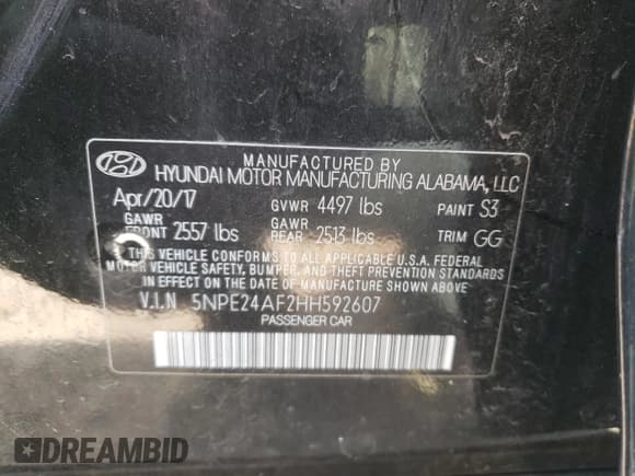 ✅ 2017 Hyundai Sonata SE • VIN: 5NPE24AF2HH592607 • Lot: 47034363. Listed on Copart with 56,324 mi. Free auction sales archive from the USA and detailed vehicle history report at DreamBid. Image 12.