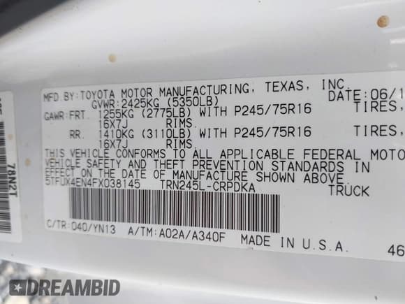 ✅ 2015 Toyota Tacoma • VIN: 5TFUX4EN4FX038145 • Lot: 42799533. Listed on IAAI with 270,754 mi. Free auction sales archive from the USA and detailed vehicle history report at DreamBid. Image 9.