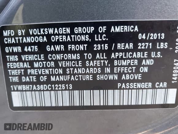 ✅ 2013 Volkswagen Passat SE • VIN: 1VWBH7A36DC122513 • Lot: 42712583. Listed on IAAI with 148,625 mi. Free auction sales archive from the USA and detailed vehicle history report at DreamBid. Image 9.