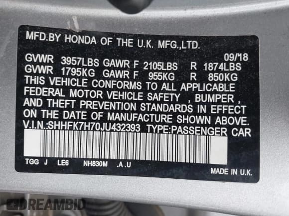 ✅ 2018 Honda Civic EX-L • VIN: SHHFK7H70JU432393 • Lot: 42033811. Listed on IAAI with 49,233 mi. Free auction sales archive from the USA and detailed vehicle history report at DreamBid. Image 9.