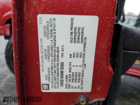 2004 Chevrolet Blazer Fleet z VIN 1GNCS13X64K153392, wystawiony jako Copart lot #83544724 z przebiegiem 169 504 mil mil oraz Szkoda całkowita • Salvage title. Historia ofert i sprzedaży dostępna na DreamBid. Obrazek 13.