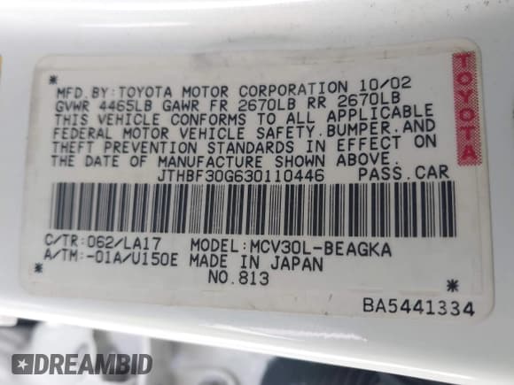 ✅ 2003 Lexus ES 300 • VIN: JTHBF30G630110446 • Лот: 43393302. Опубликован ранее на IAAI с пробегом 129 400 миль. Бесплатный доступ к архиву аукционных продаж из США и подробный отчёт об истории автомобиля на DreamBid. Изображение 9.