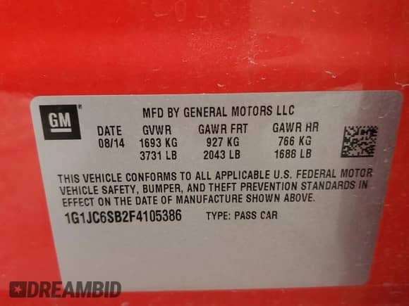 2015 Chevrolet Sonic LT с VIN 1G1JC6SB2F4105386, выставлен на аукционе Copart как лот 67840335 с пробегом 56 996 миль миль и Списание • Salvage title. История ставок и продаж доступна на DreamBid. Изображение 12.