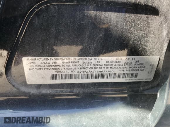 ✅ 2011 Volkswagen Jetta SE • VIN: 3VWPZ7AJ7BM677760 • Lot: 54329885. Listed on Copart with 106,727 mi. Free auction sales archive from the USA and detailed vehicle history report at DreamBid. Image 12.